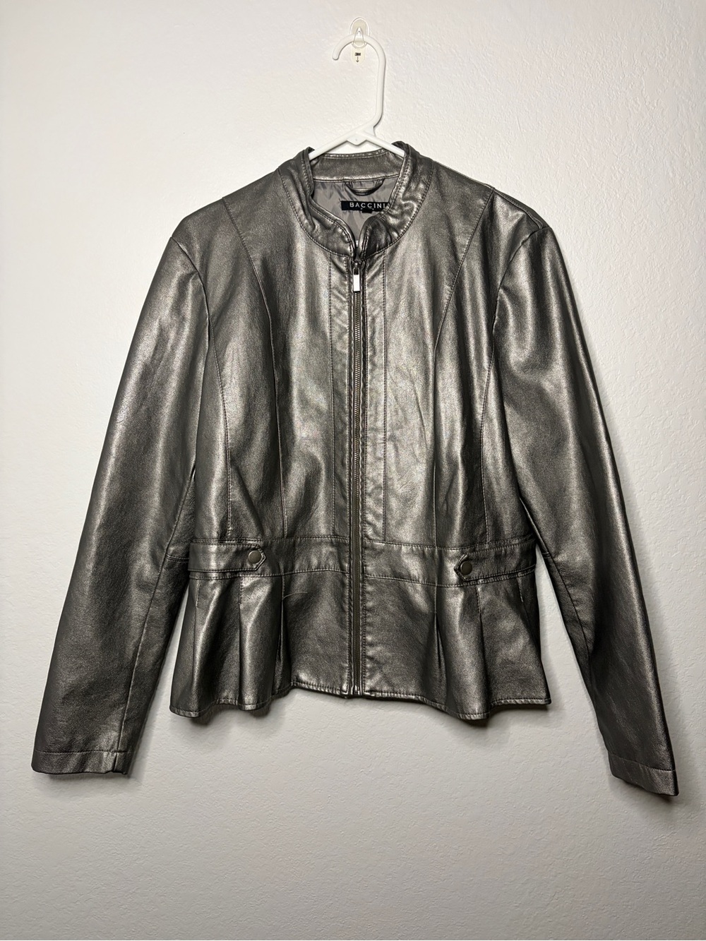 Baccini Metallic Silver Peplum-Style Faux Leather Jacket XL